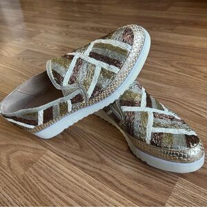 Donald J. Pliner Gold, Silver, Cream and Brown Patterned Loafers